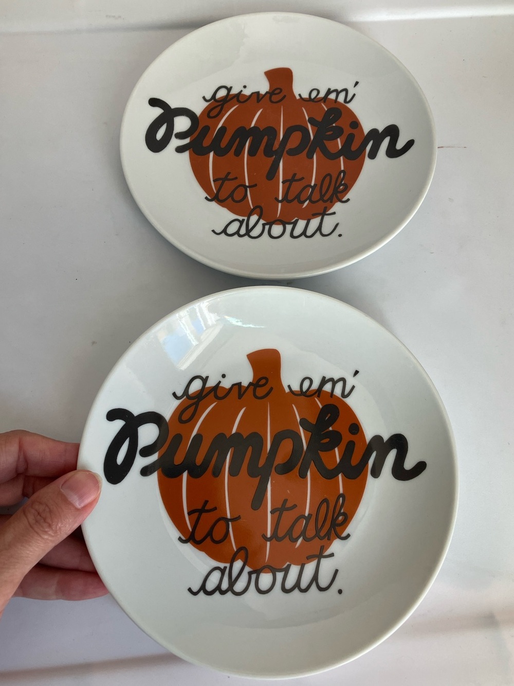 Crate & Barrel Decorative “Pumpkin to Talk About” Ceramic Plate set 2 Halloween